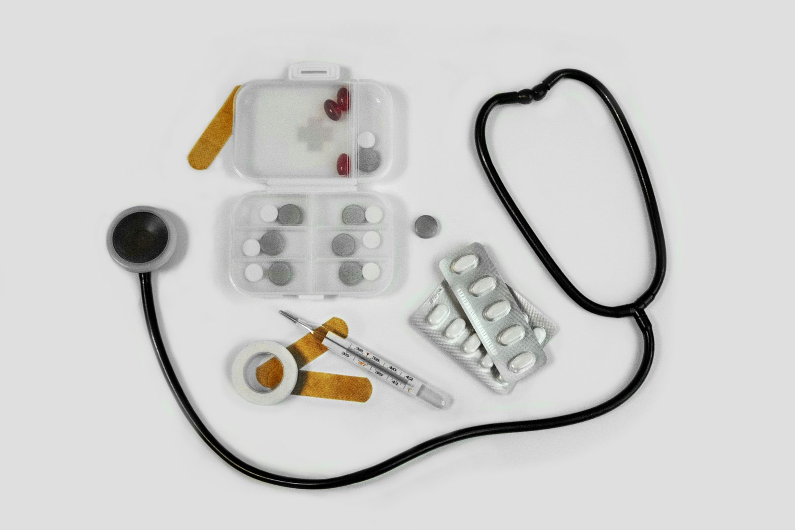 Medical supplies including stethoscope and first-aid materials